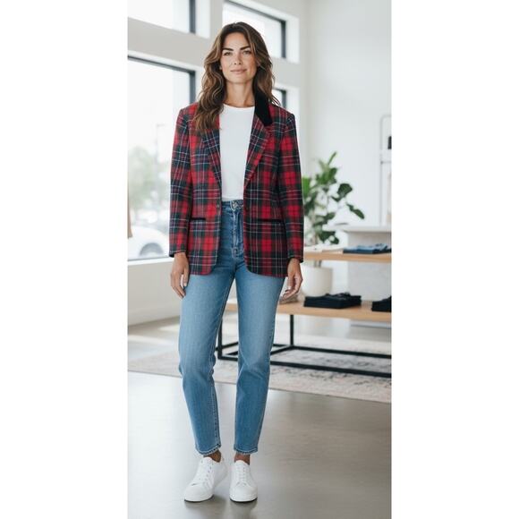 Fundamental Things Womens Blazer sz 6 Red Plaid Notch Lapel Pockets Vintage - Picture 1 of 6